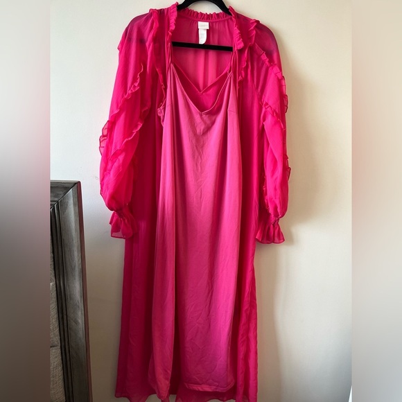H&M Modest Chiffon Maxi Dress Cerise Pink A-Line Long Sleeve Ruffles XS - Picture 11 of 13